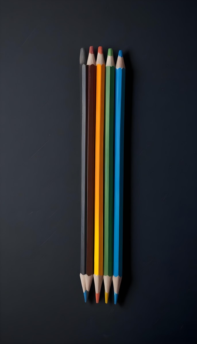 Colored Pencils In A Row Blue Green Cyan Yellow Orange Red And Black On A Dark Background 18 Df8a