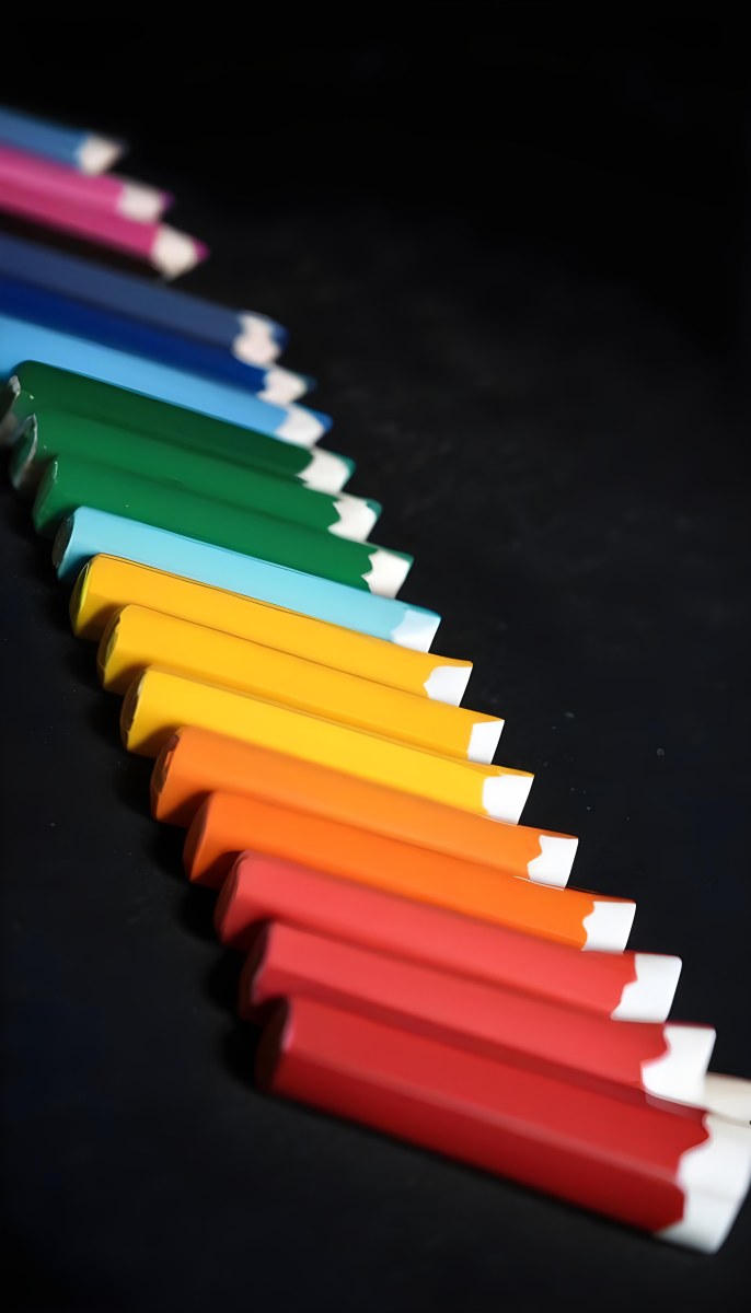 Colored Pencils In A Row Blue Green Cyan Yellow Orange Red And Black On A Dark Background 2 8762