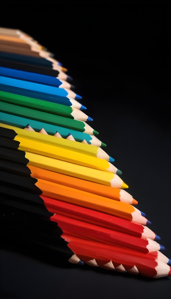 Colored Pencils In A Row Blue Green Cyan Yellow Orange Red And Black On A Dark Background 3 D220