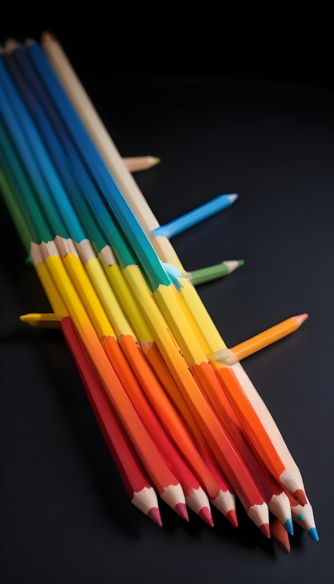 Colored Pencils In A Row Blue Green Cyan Yellow Orange Red And Black On A Dark Background 5 8b94