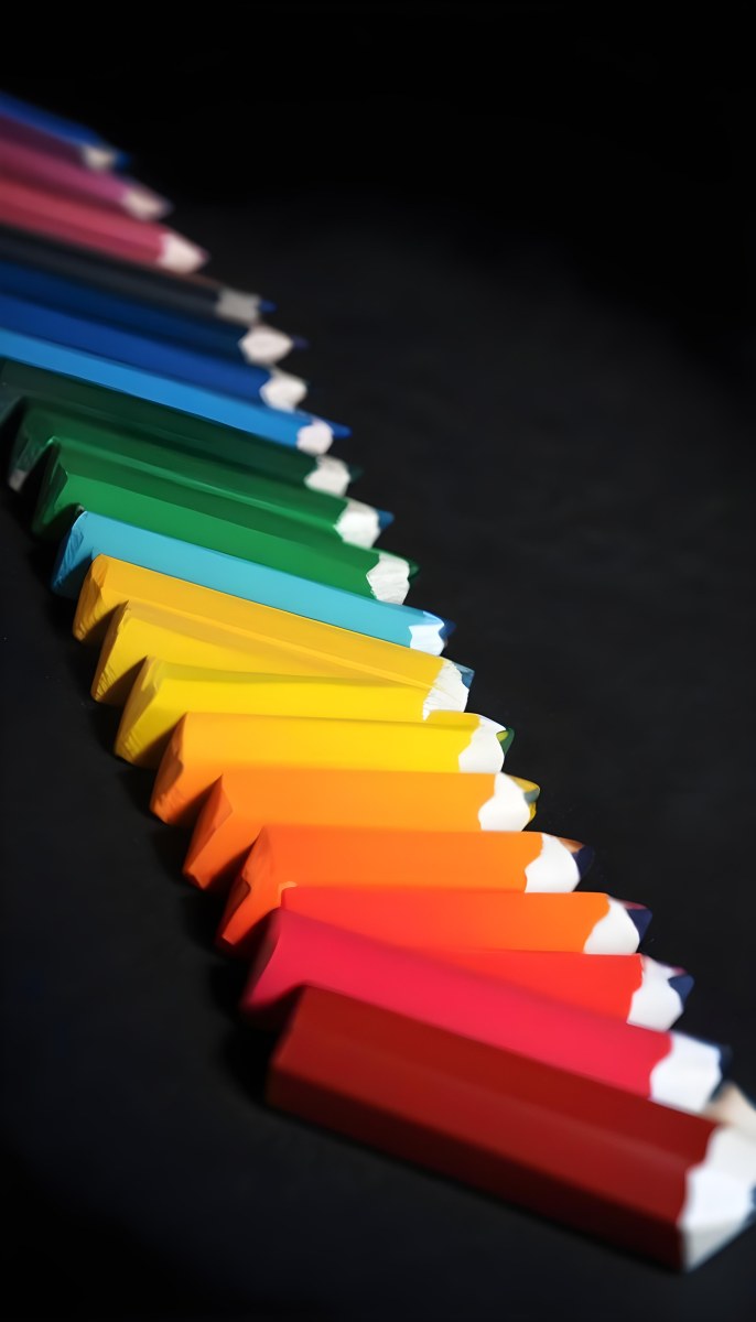Colored Pencils In A Row Blue Green Cyan Yellow Orange Red And Black On A Dark Background 6 Af08