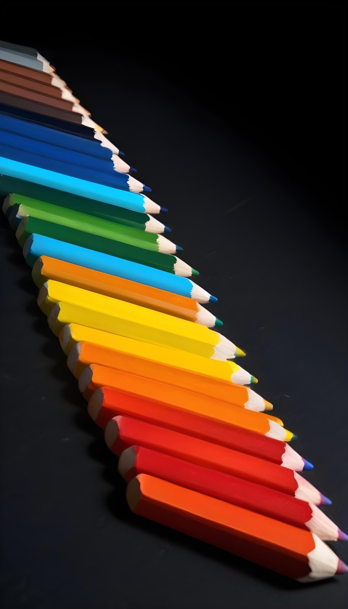 Colored Pencils In A Row Blue Green Cyan Yellow Orange Red And Black On A Dark Background 7 D034