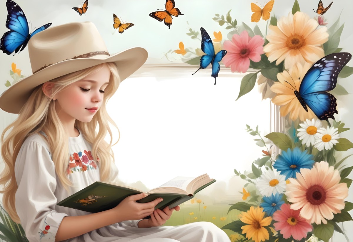 Digital Painting A 8 Year Old White Girl With Blonde Hair And A Cowboy Hat Reading A Book Flowers And Butterflies Around A Frame Bold And Slim Lines Brush Strokes 1 A70f