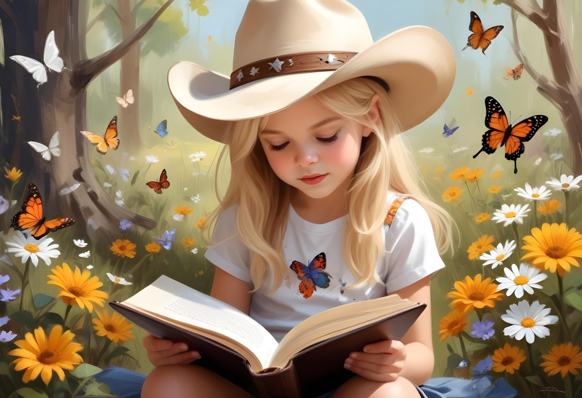 Digital Painting A 8 Year Old White Girl With Blonde Hair And A Cowboy Hat Reading A Book Flowers And Butterflies Around A Frame Bold And Slim Lines Brush Strokes 2 2b78