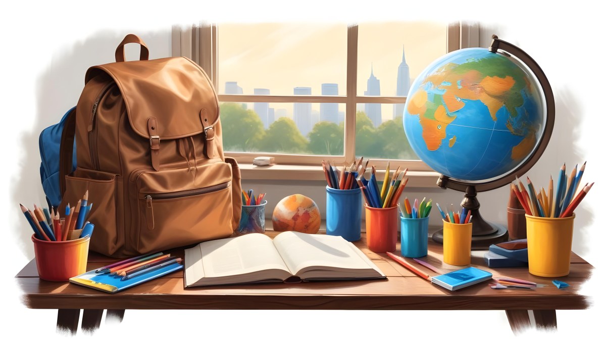Digital Painting A Brown Backpack An Open Book Colored Pencils A Globe And Other School Supplies Arranged On A Wooden Table In Daylight With A Window View In The Background Bold And Slim Lines Brush Strokes 4 E2f4