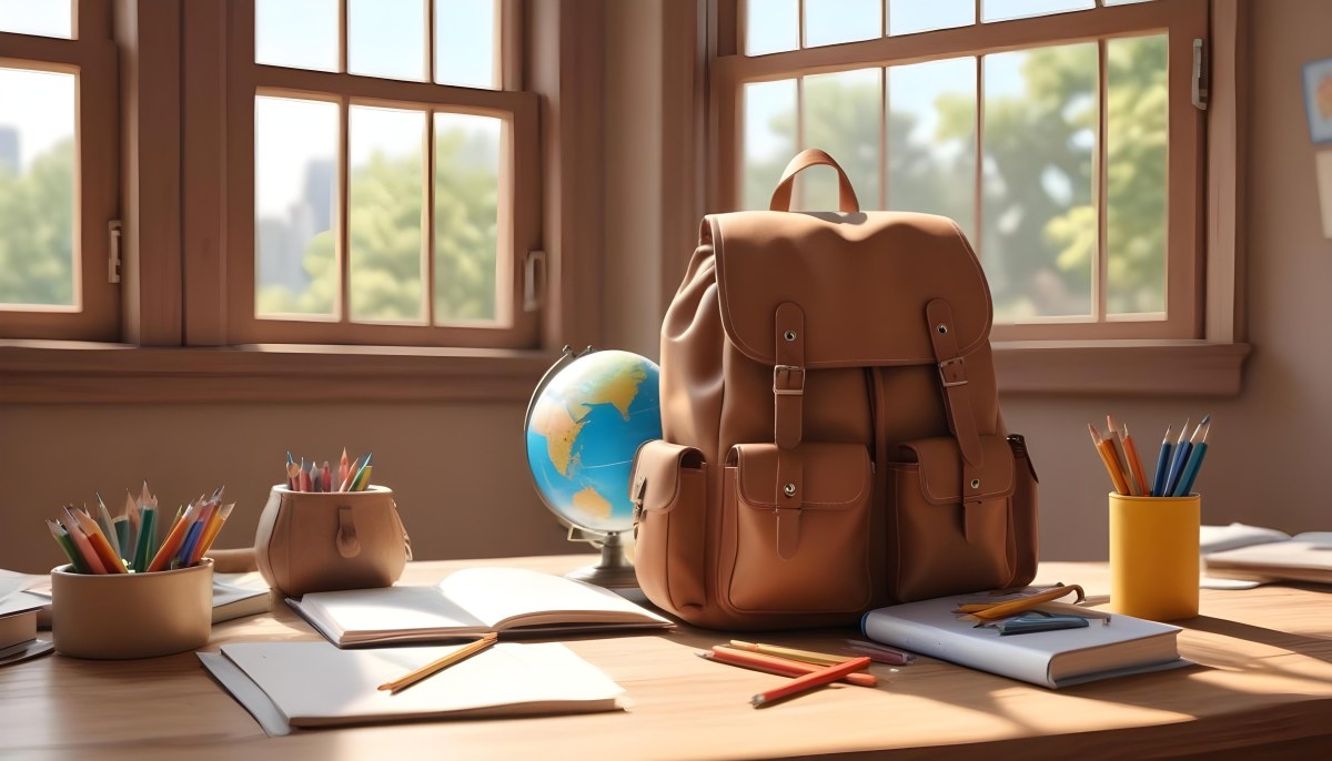 Digital Painting A Brown Backpack An Open Book Colored Pencils A Globe And Other School Supplies Arranged On A Wooden Table In Daylight With A Window View In The Background Bold And Slim Lines Brush Strokes 5 37bf