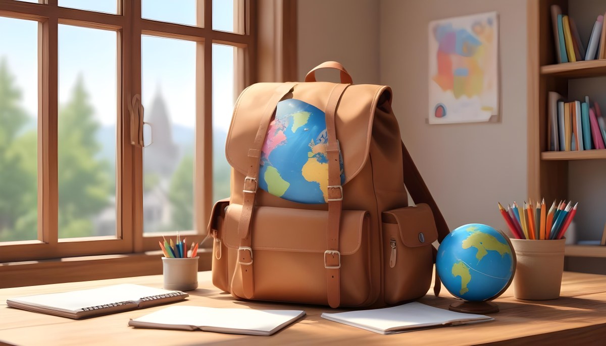 Digital Painting A Brown Backpack An Open Book Colored Pencils A Globe And Other School Supplies Arranged On A Wooden Table In Daylight With A Window View In The Background Bold And Slim Lines Brush Strokes 6 D5c1