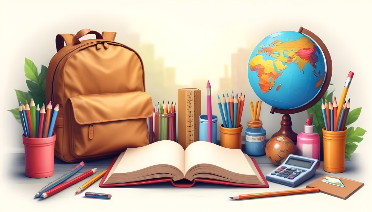 Digital Painting A Brown Backpack An Open Book Colored Pencils A Globe And Other School Supplies Arranged On A Wooden Table In Daylight With A Window View In The Background Bold And Slim Lines Brush Strokes 8 934a