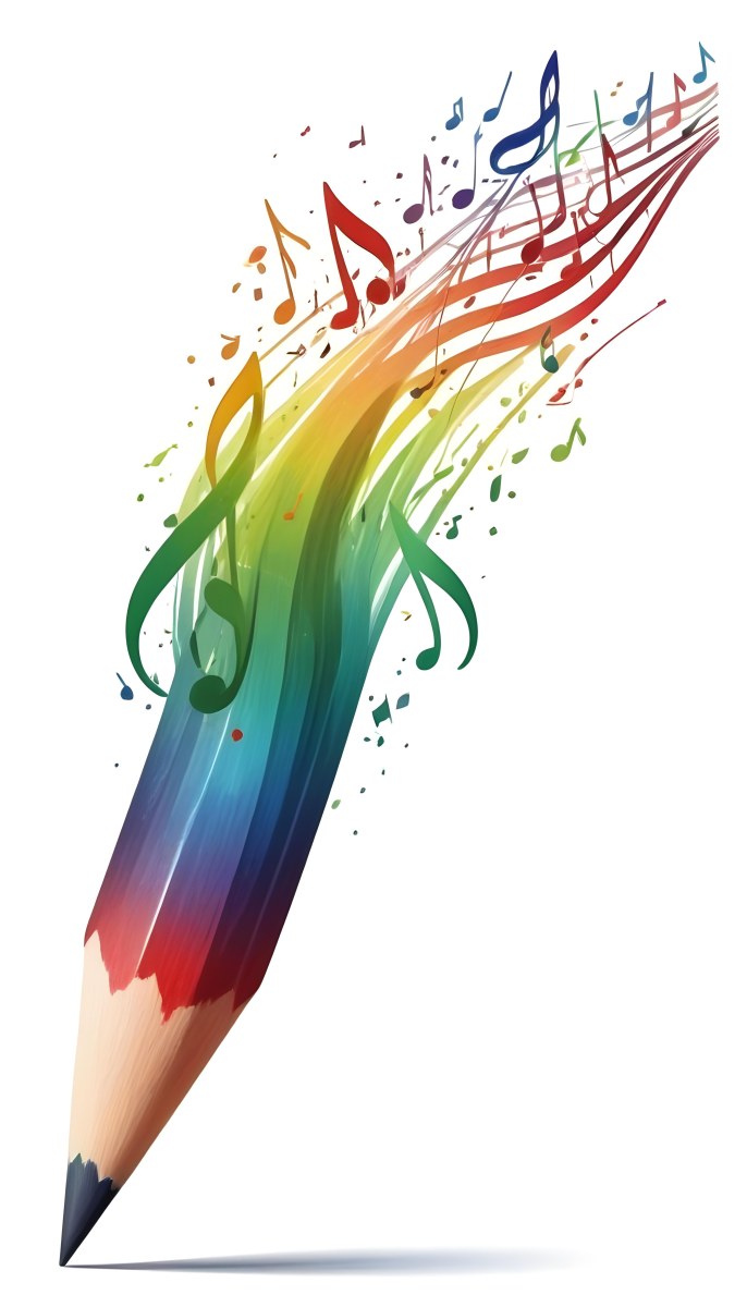 Digital Painting A Colored Pencil With A Gradient Of Red Green And Blue Shades At The Tip Emitting Vibrant Musical Notes And Abstract Shapes In Various Colors Creating A Dynamic And Artistic Effect The Background 38 D45e