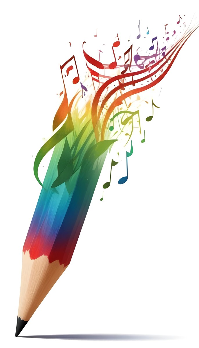 Digital Painting A Colored Pencil With A Gradient Of Red Green And Blue Shades At The Tip Emitting Vibrant Musical Notes And Abstract Shapes In Various Colors Creating A Dynamic And Artistic Effect The Background 42 55e9