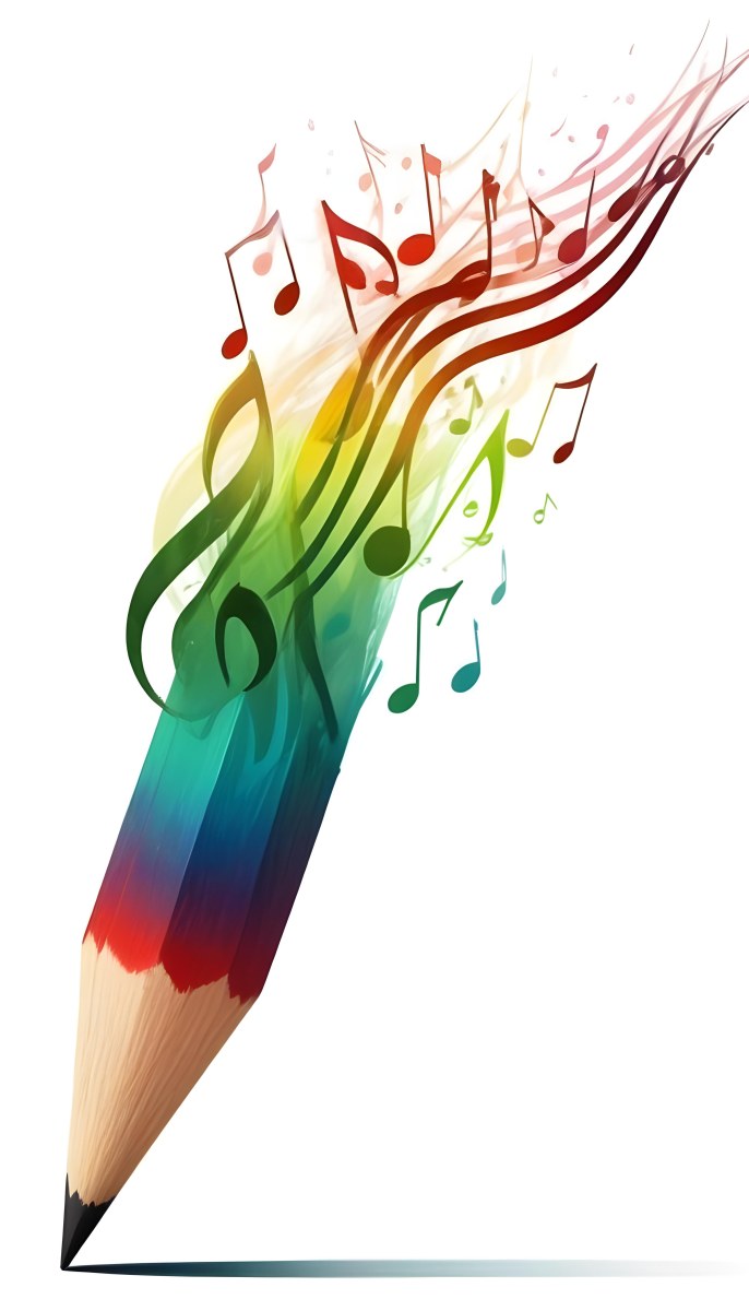 Digital Painting A Colored Pencil With A Gradient Of Red Green And Blue Shades At The Tip Emitting Vibrant Musical Notes And Abstract Shapes In Various Colors Creating A Dynamic And Artistic Effect The Background 51 F040
