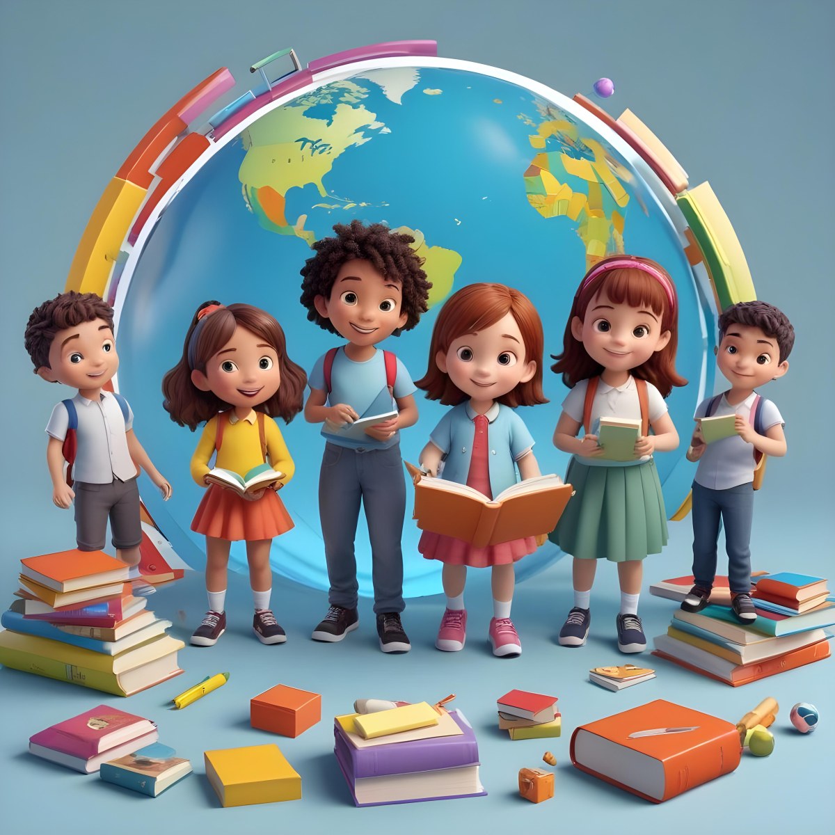 Digital Painting A Colorful Border Featuring Six Children Engaged
