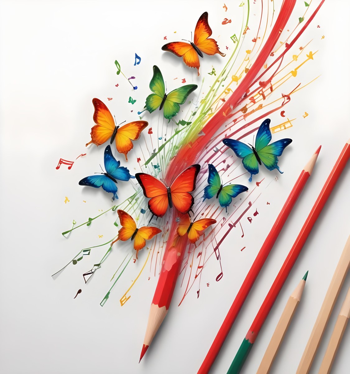 Digital Painting A Colorful Pencil With A Gradient Of Red Yellow And Green Emitting Butterflies In Various Colors And Musical Notes Set Against A White Background Bold And Slim Lines Brush Strokes 13 84ad
