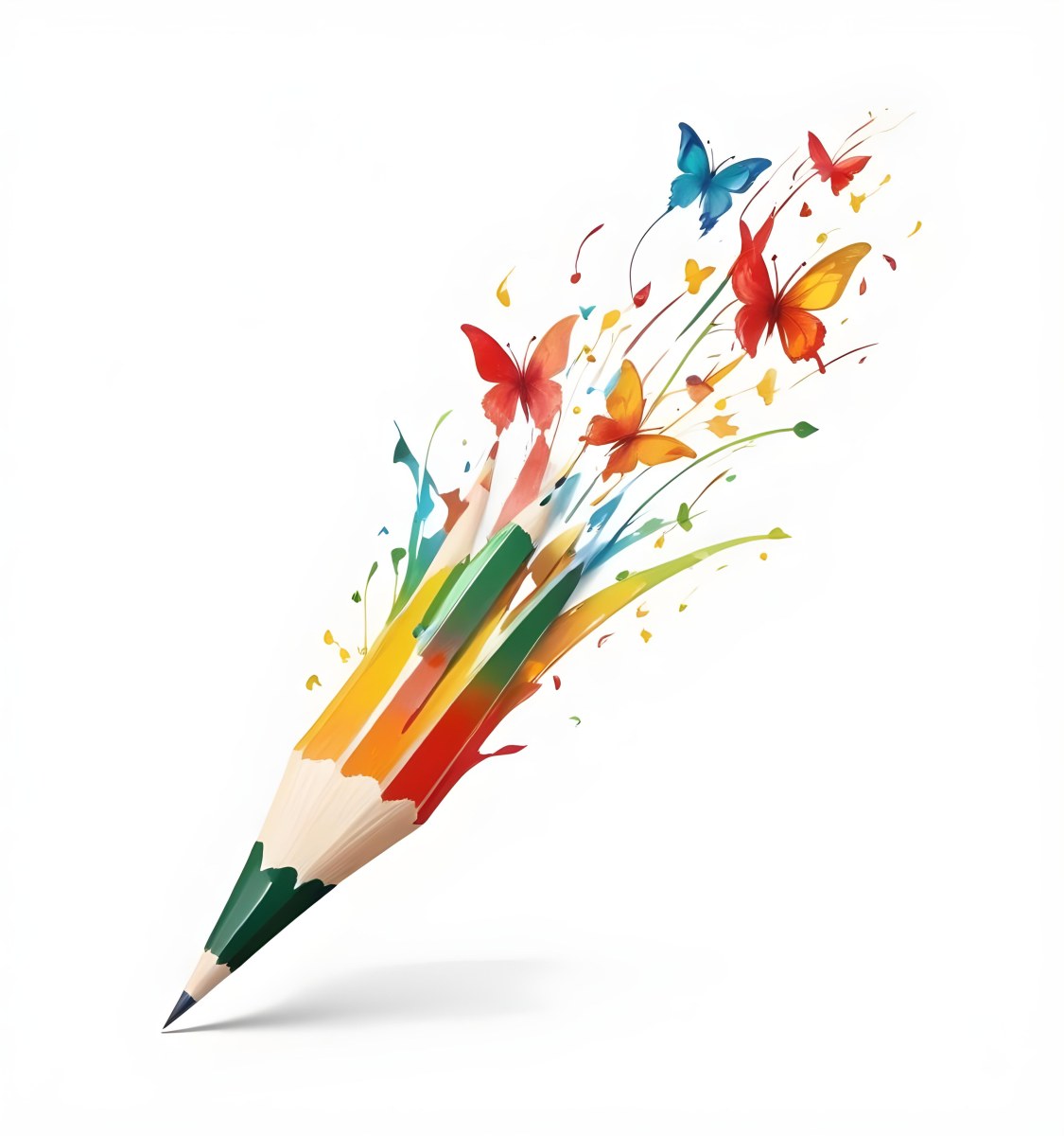 Digital Painting A Colorful Pencil With A Gradient Of Red Yellow And Green Emitting Butterflies In Various Colors And Musical Notes Set Against A White Background Bold And Slim Lines Brush Strokes 18 Cc3d