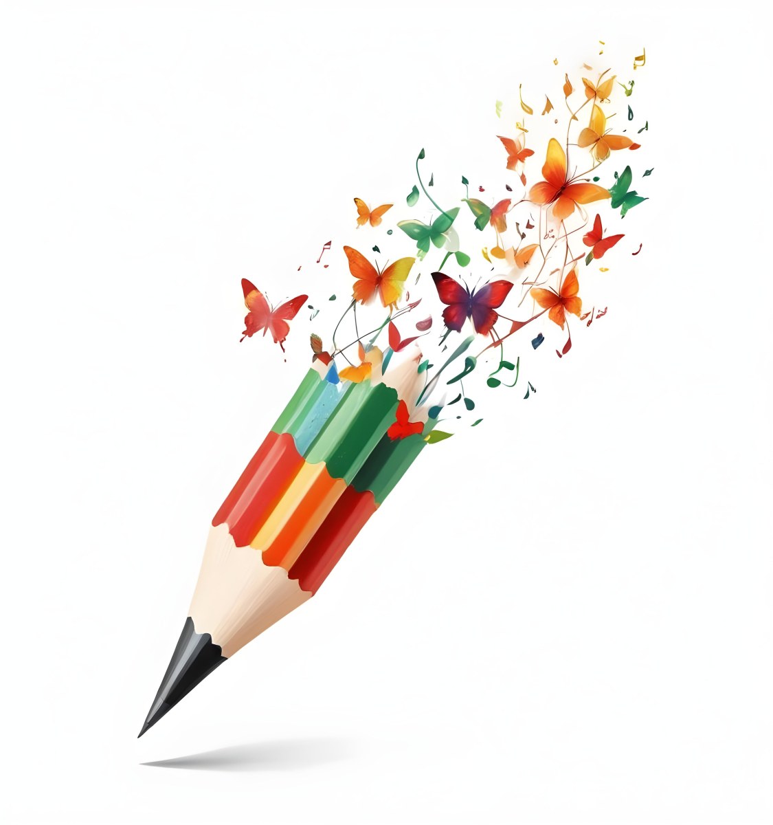 Digital Painting A Colorful Pencil With A Gradient Of Red Yellow And Green Emitting Butterflies In Various Colors And Musical Notes Set Against A White Background Bold And Slim Lines Brush Strokes 19 1c9a