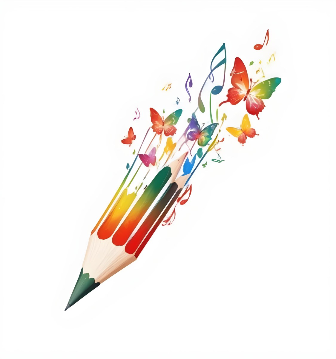 Digital Painting A Colorful Pencil With A Gradient Of Red Yellow And Green Emitting Butterflies In Various Colors And Musical Notes Set Against A White Background Bold And Slim Lines Brush Strokes 20 Eb12