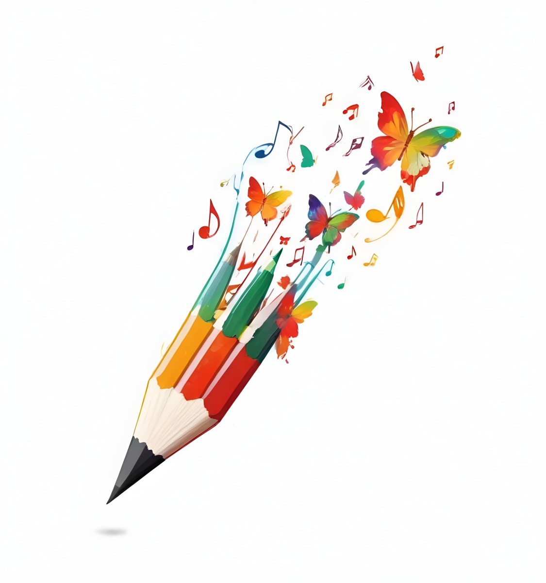 Digital Painting A Colorful Pencil With A Gradient Of Red Yellow And Green Emitting Butterflies In Various Colors And Musical Notes Set Against A White Background Bold And Slim Lines Brush Strokes 21 2d94