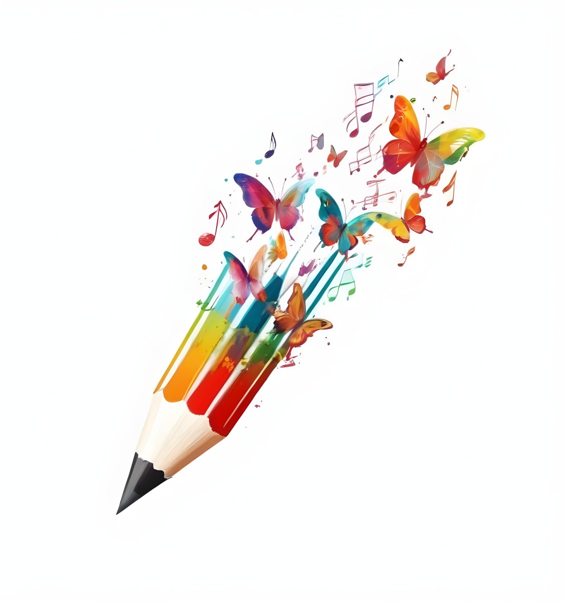 Digital Painting A Colorful Pencil With A Gradient Of Red Yellow And Green Emitting Butterflies In Various Colors And Musical Notes Set Against A White Background Bold And Slim Lines Brush Strokes 22 B962
