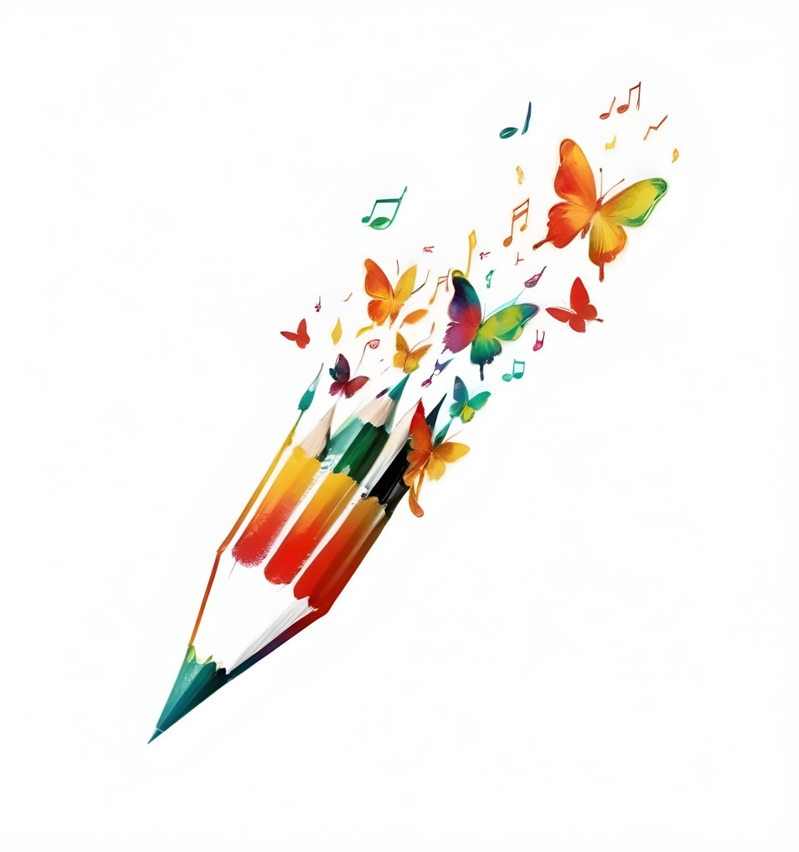 Digital Painting A Colorful Pencil With A Gradient Of Red Yellow And Green Emitting Butterflies In Various Colors And Musical Notes Set Against A White Background Bold And Slim Lines Brush Strokes 23 35f0