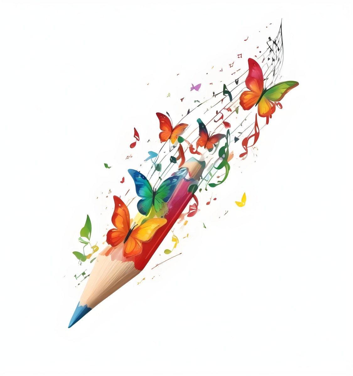 Digital Painting A Colorful Pencil With A Gradient Of Red Yellow And Green Emitting Butterflies In Various Colors And Musical Notes Set Against A White Background Bold And Slim Lines Brush Strokes 3 3185