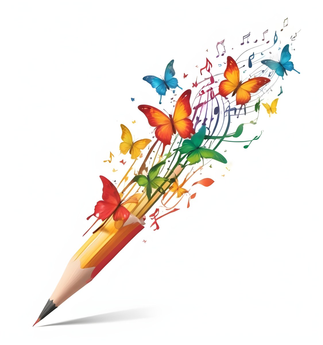 Digital Painting A Colorful Pencil With A Gradient Of Red Yellow And Green Emitting Butterflies In Various Colors And Musical Notes Set Against A White Background Bold And Slim Lines Brush Strokes 4 D17b