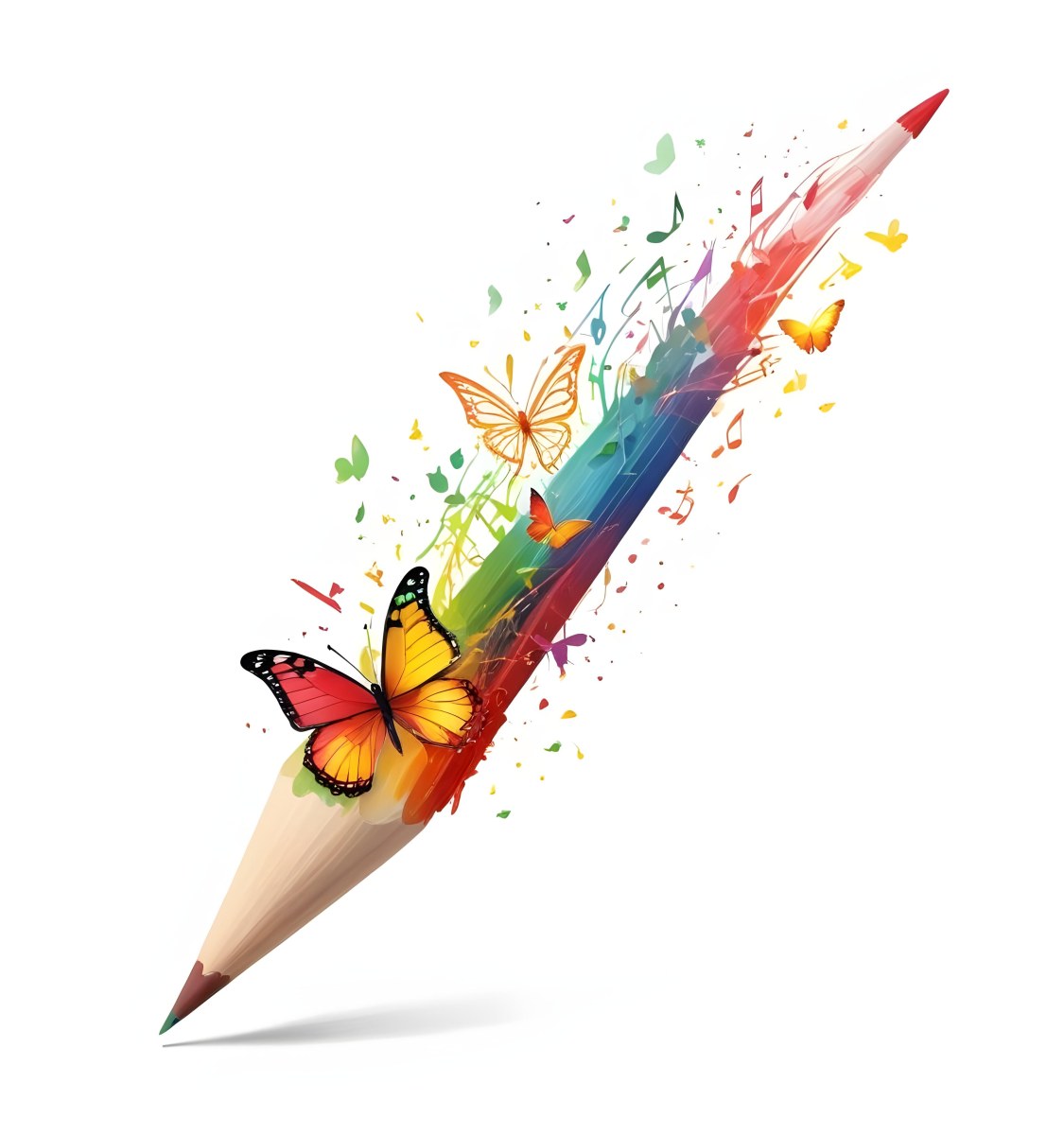Digital Painting A Colorful Pencil With A Gradient Of Red Yellow And Green Emitting Butterflies In Various Colors And Musical Notes Set Against A White Background Bold And Slim Lines Brush Strokes 5 E302