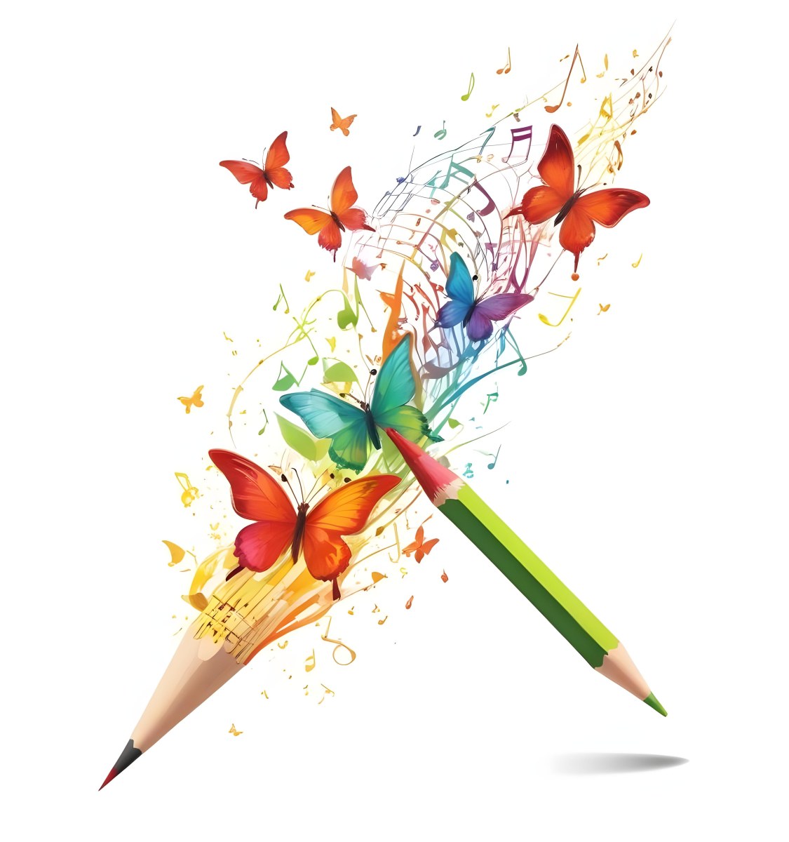 Digital Painting A Colorful Pencil With A Gradient Of Red Yellow And Green Emitting Butterflies In Various Colors And Musical Notes Set Against A White Background Bold And Slim Lines Brush Strokes 6 18e9