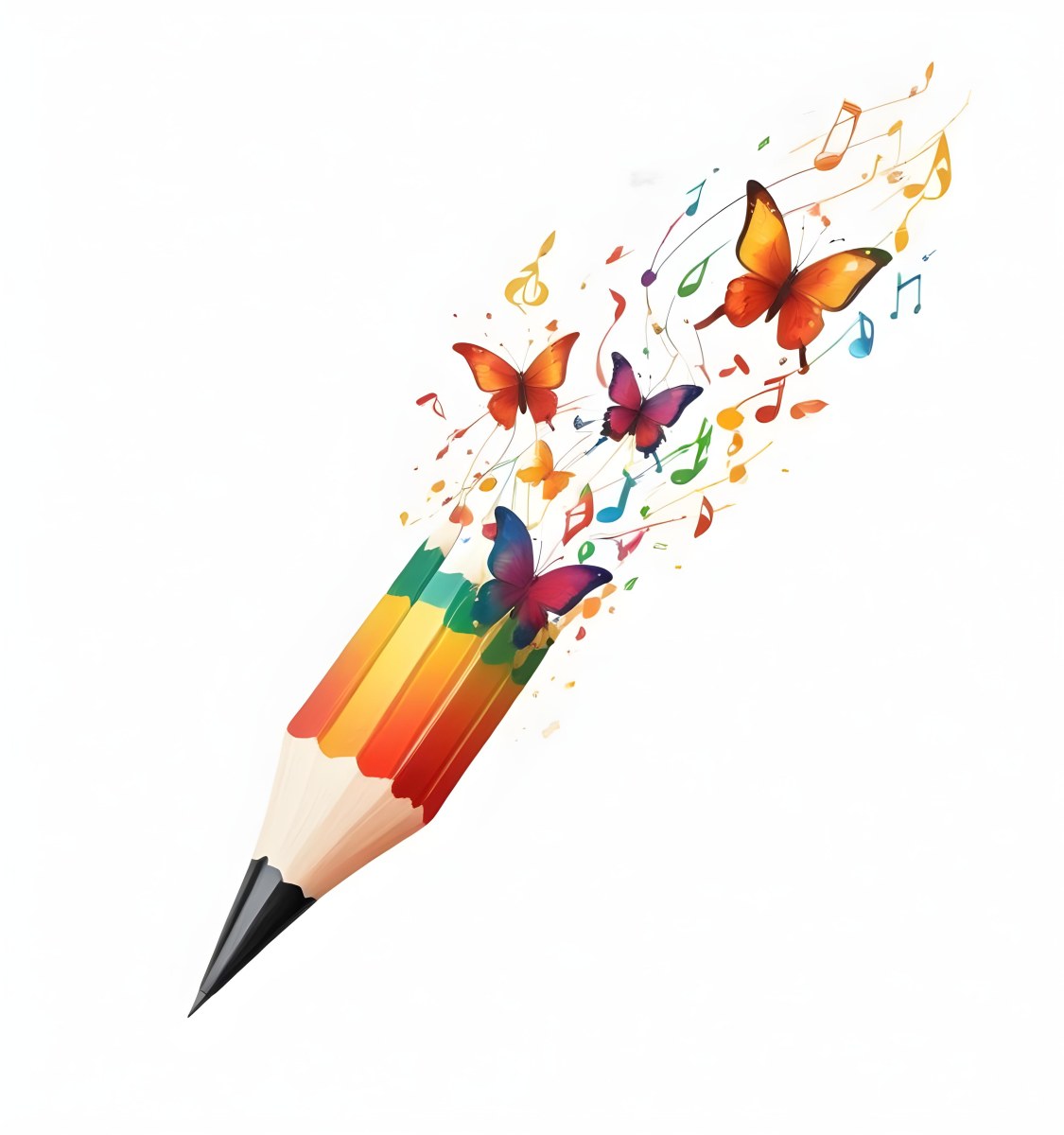Digital Painting A Colorful Pencil With A Gradient Of Red Yellow And Green Emitting Butterflies In Various Colors And Musical Notes Set Against A White Background Bold And Slim Lines Brush Strokes 7 Aa7c
