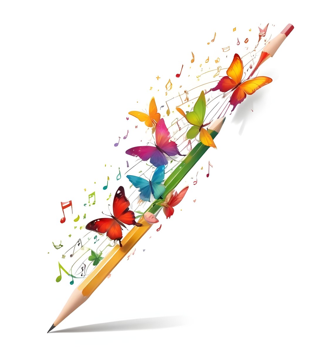 Digital Painting A Colorful Pencil With A Gradient Of Red Yellow And Green Emitting Butterflies In Various Colors And Musical Notes Set Against A White Background Bold And Slim Lines Brush Strokes 9 55f7