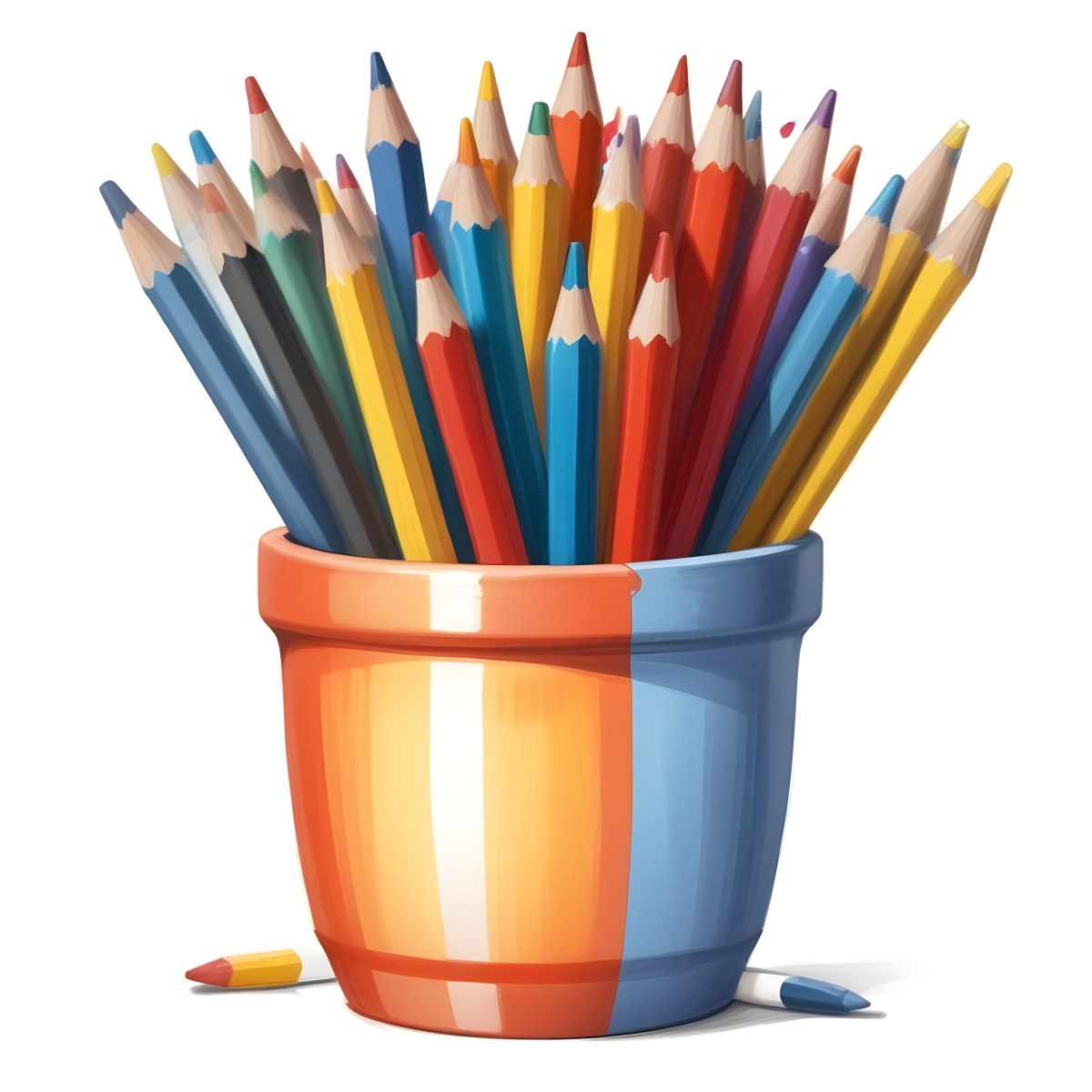 Digital Painting A Pot Filled With A Variety Of Colored Pencils Including Shades Of Red The Pot Is Split In Color With One Half Being Yellow And The Other Half Blue Two Small Capsules In Yellow And Orange Are Plac 106 A1c4