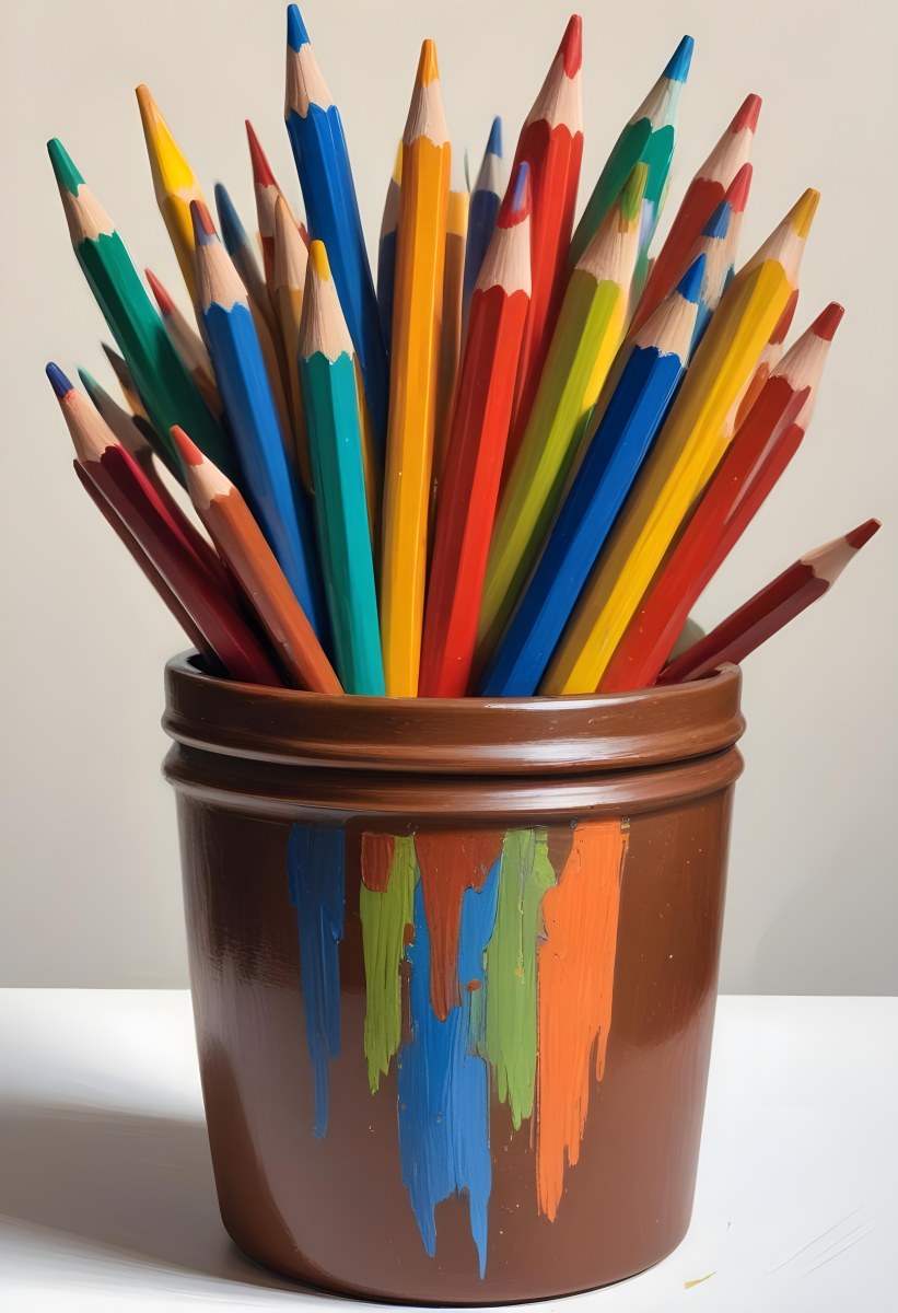 Digital Painting A Pot Filled With A Variety Of Colored Pencils Including Shades Of Red The Pot Is Split In Color With One Half Being Yellow And The Other Half Blue Two Small Capsules In Yellow And Orange Are Plac 132 D0df