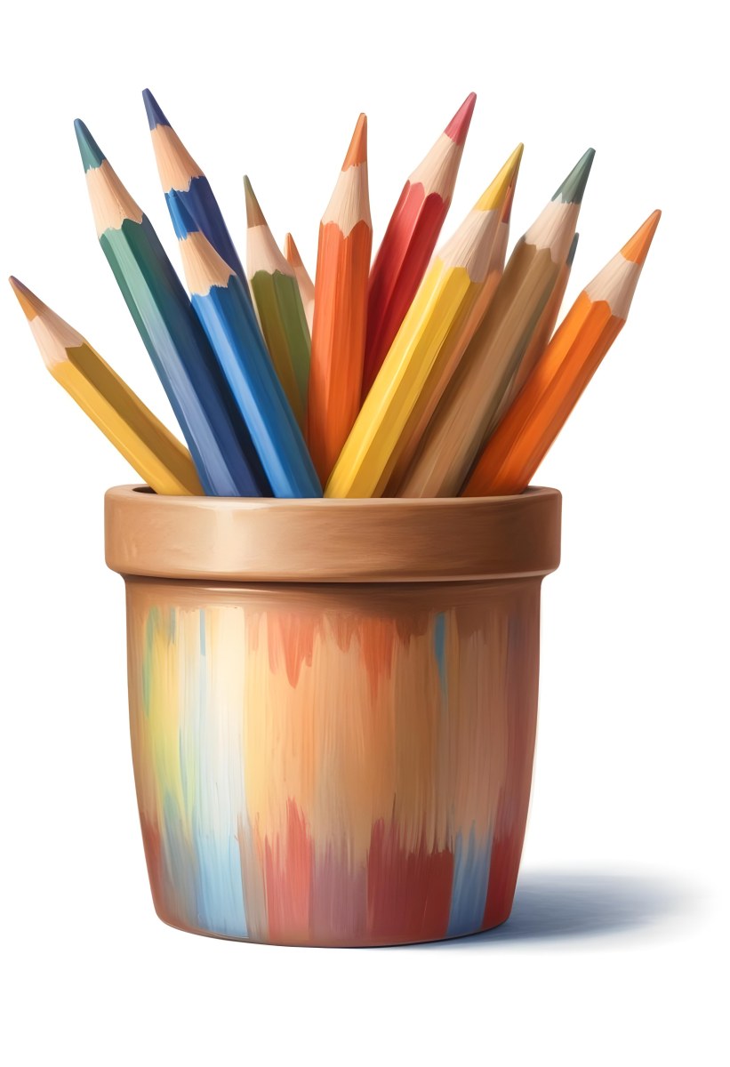 Digital Painting A Pot Filled With A Variety Of Colored Pencils Including Shades Of Red The Pot Is Split In Color With One Half Being Yellow And The Other Half Blue Two Small Capsules In Yellow And Orange Are Plac 91 6e6b