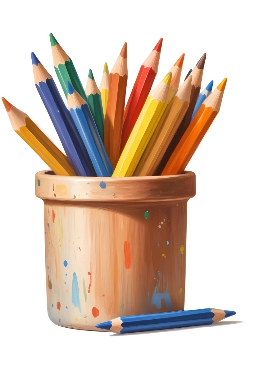 Digital Painting A Pot Filled With A Variety Of Colored Pencils Including Shades Of Red The Pot Is Split In Color With One Half Being Yellow And The Other Half Blue Two Small Capsules In Yellow And Orange Are Plac 92 9c20