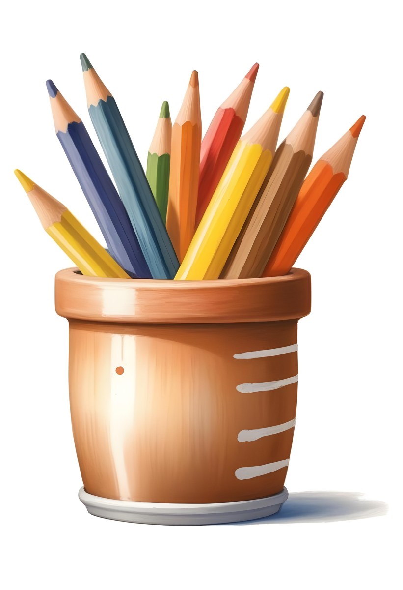 Digital Painting A Pot Filled With A Variety Of Colored Pencils Including Shades Of Red The Pot Is Split In Color With One Half Being Yellow And The Other Half Blue Two Small Capsules In Yellow And Orange Are Plac 93 F557