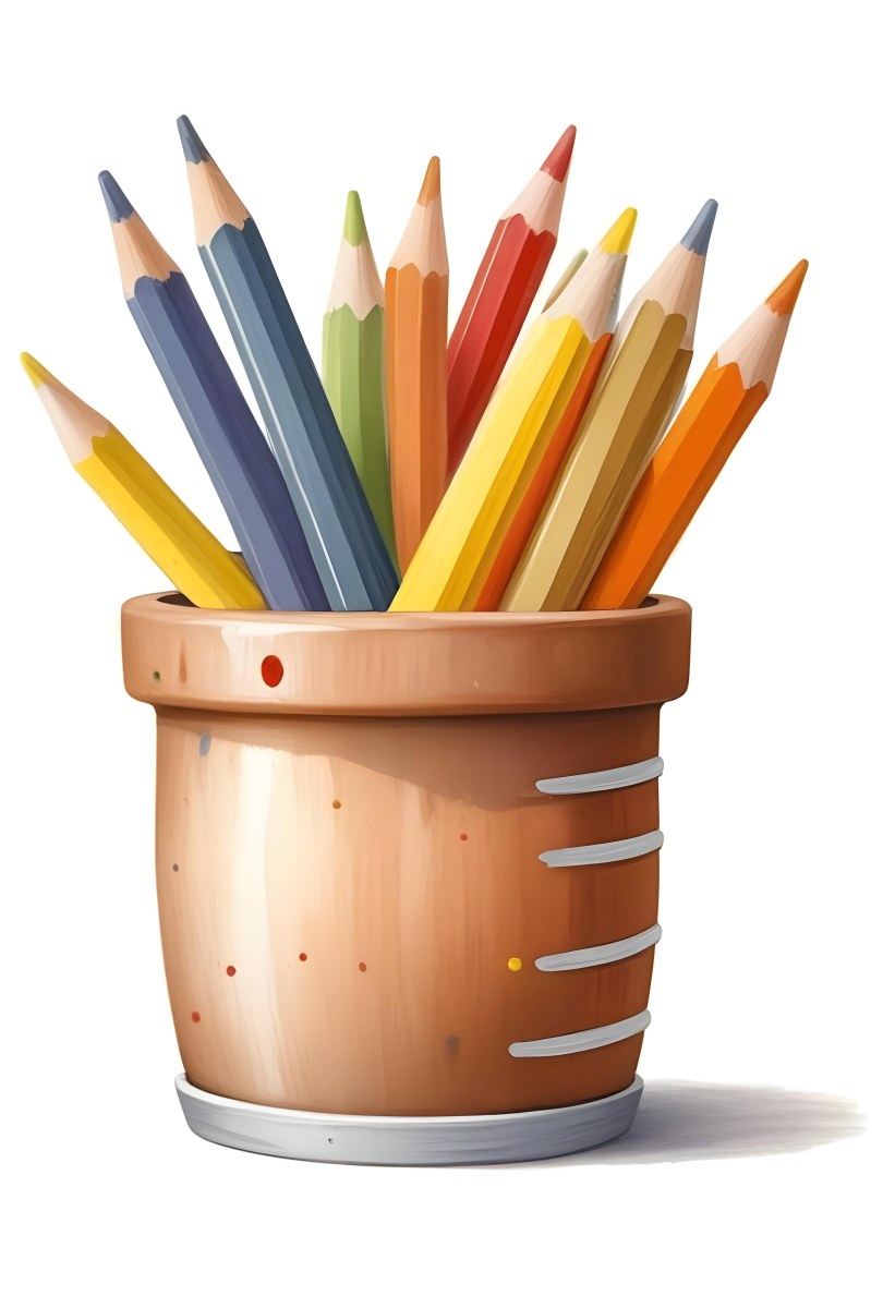 Digital Painting A Pot Filled With A Variety Of Colored Pencils Including Shades Of Red The Pot Is Split In Color With One Half Being Yellow And The Other Half Blue Two Small Capsules In Yellow And Orange Are Plac 95 4c12