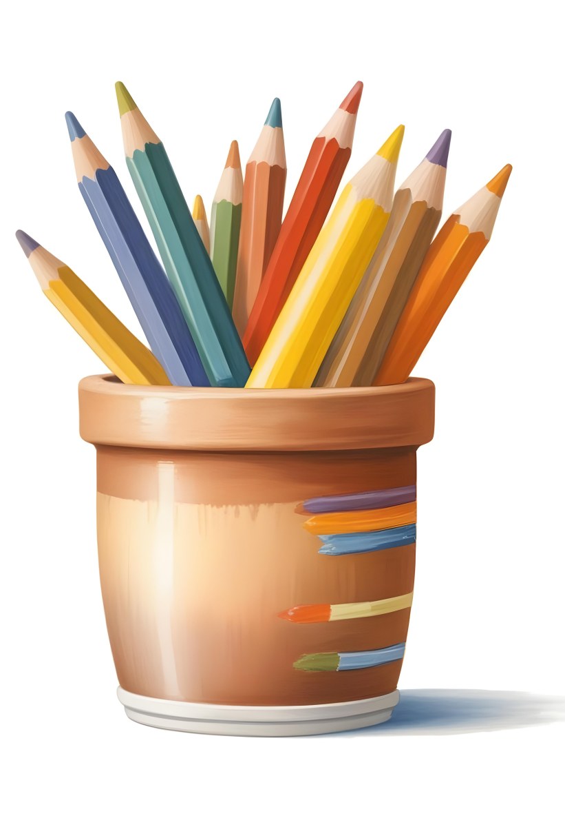 Digital Painting A Pot Filled With A Variety Of Colored Pencils Including Shades Of Red The Pot Is Split In Color With One Half Being Yellow And The Other Half Blue Two Small Capsules In Yellow And Orange Are Plac 96 D123