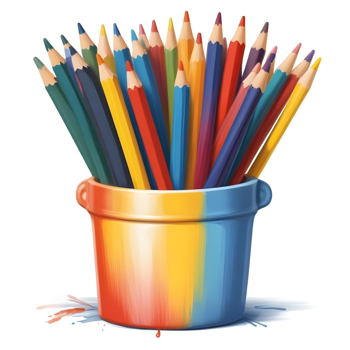 Digital Painting A Pot Filled With A Variety Of Colored Pencils Including Shades Of Red The Pot Is Split In Color With One Half Being Yellow And The Other Half Blue Two Small Capsules In Yellow And Orange Are Plac 97 566a