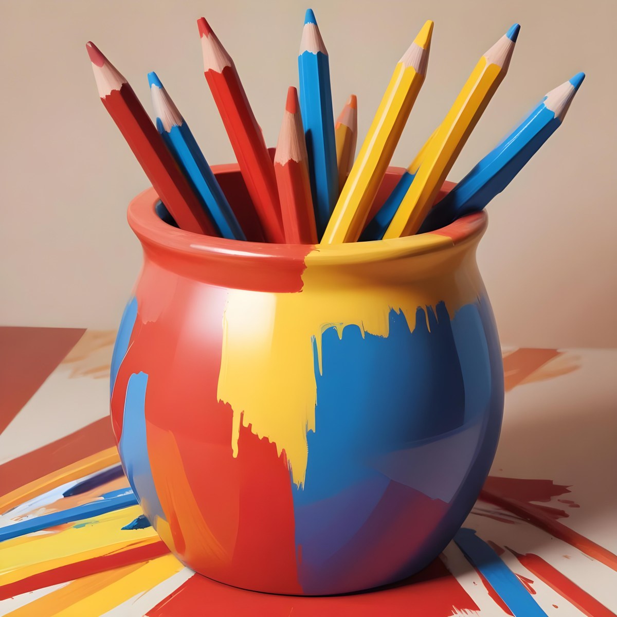 Digital Painting A Pot Filled With A Variety Of Colored Pencils Including Shades Of Red The Pot Is Split In Color With One Half Being Yellow And The Other Half Blue Two Small Capsules In Yellow And Orange Are Plac 98 90dd