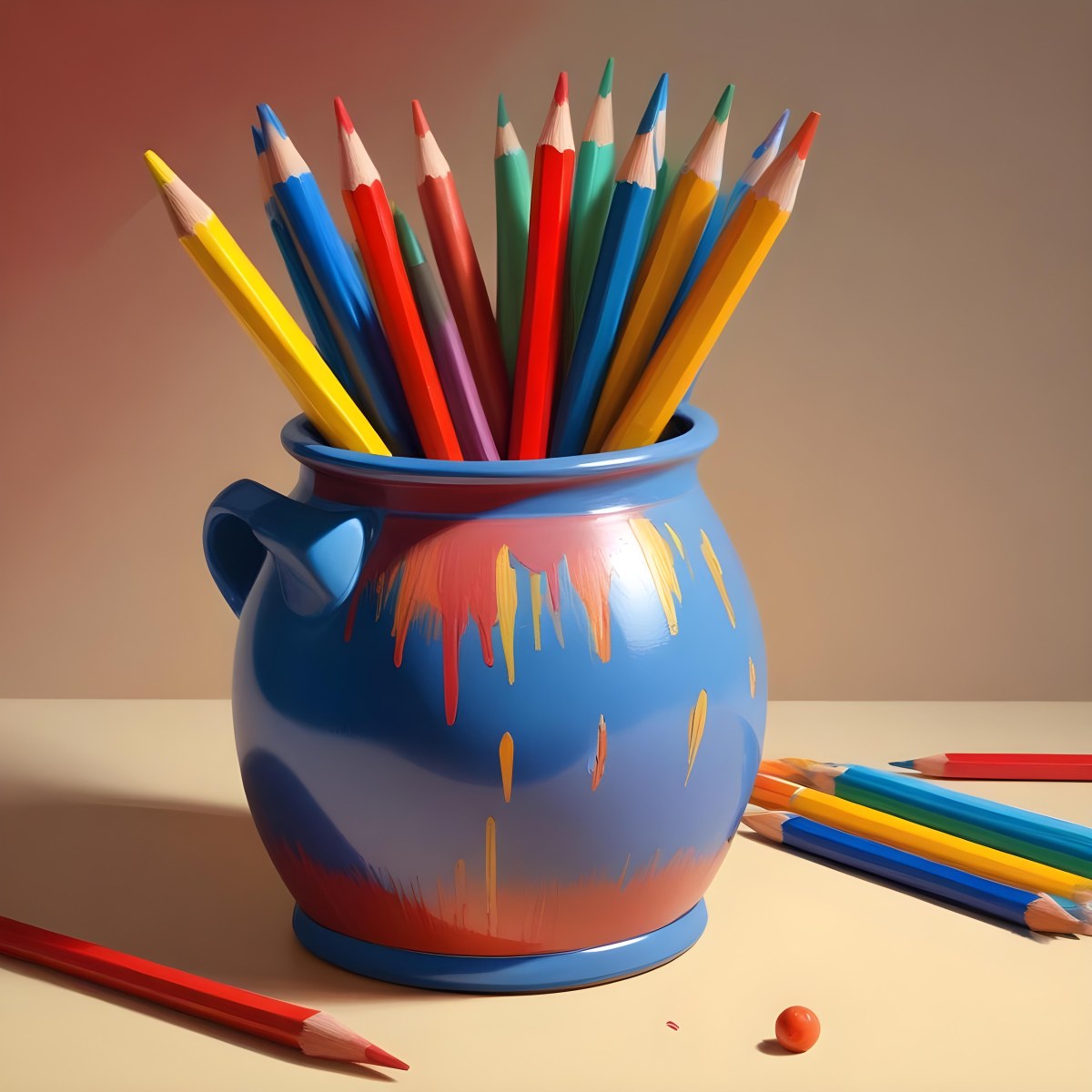Digital Painting A Pot Filled With A Variety Of Colored Pencils Including Shades Of Red The Pot Is Split In Color With One Half Being Yellow And The Other Half Blue Two Small Capsules In Yellow And Orange Are Plac 99 Caef