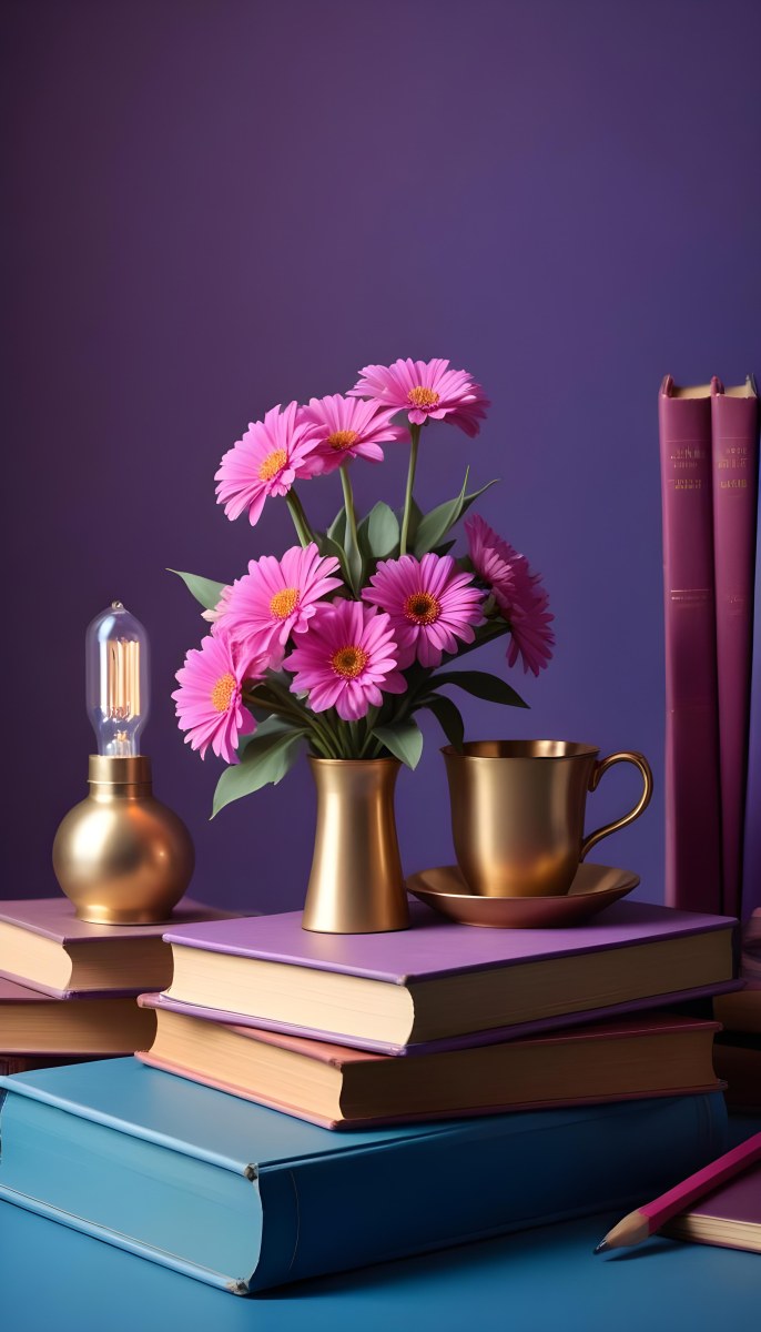 Digital Painting A Vibrant Scene Featuring An Open Book With A Pencil Resting Inside Surrounded By Stacked Colorful Books A Vase With Pink And Purple Flowers Is On The Left And A Warm Light Bulb On A Golden Base Illum 5 Db8a