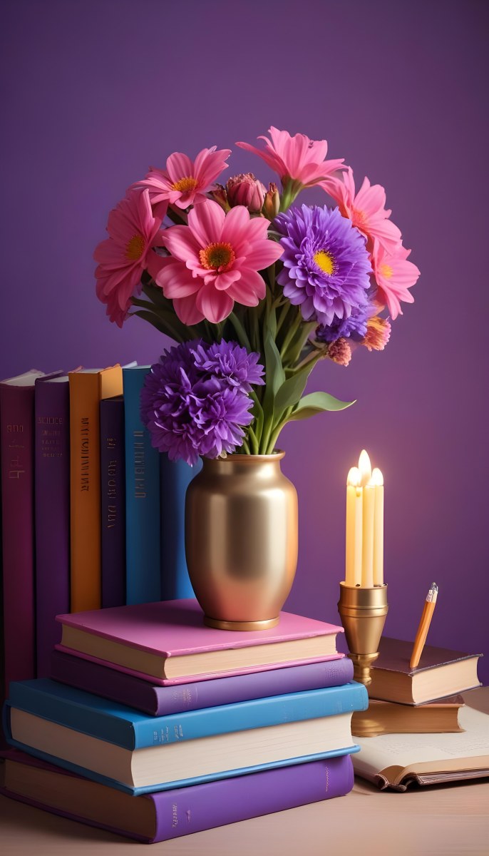 Digital Painting A Vibrant Scene Featuring An Open Book With A Pencil Resting Inside Surrounded By Stacked Colorful Books A Vase With Pink And Purple Flowers Is On The Left And A Warm Light Bulb On A Golden Base Illum 6 A528