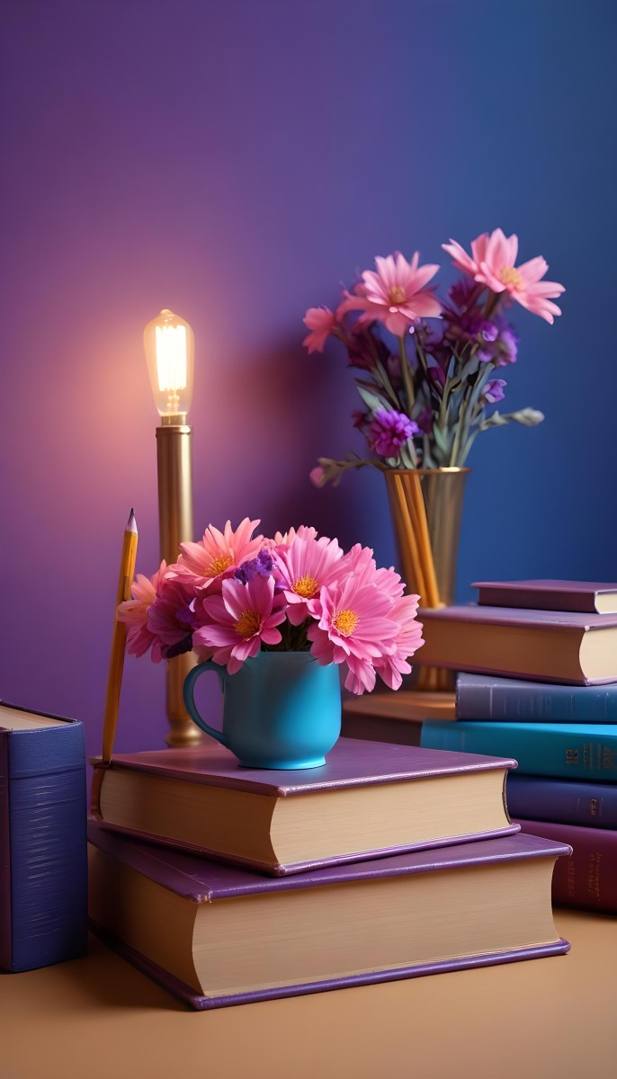 Digital Painting A Vibrant Scene Featuring An Open Book With A Pencil Resting Inside Surrounded By Stacked Colorful Books A Vase With Pink And Purple Flowers Is On The Left And A Warm Light Bulb On A Golden Base Illum 7 E4d3