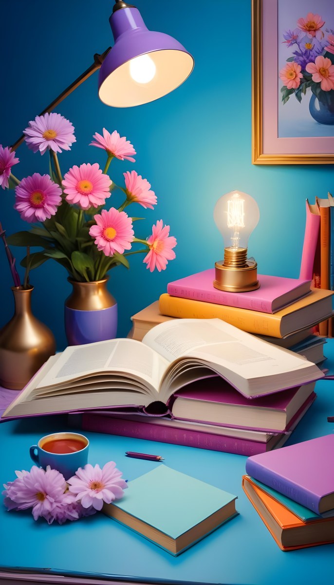 Digital Painting A Vibrant Scene Featuring An Open Book With A Pencil Resting Inside Surrounded By Stacked Colorful Books A Vase With Pink And Purple Flowers Is On The Left And A Warm Light Bulb On A Golden Base Illum 8 6b3d