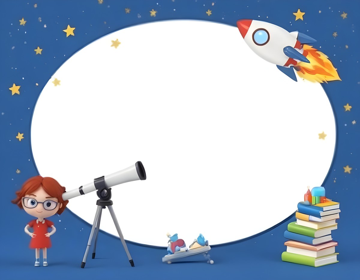 Digital Painting A Young Girl With Red Hair And Glasses Stands Next To A Telescope She Is Wearing A Blue Dress To The Right There Is A Colorful Rocket Ship Launching Into Space In The Foreground There Are Stacks Of B 1 Ef5a