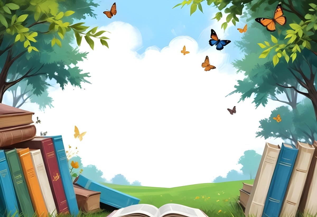 Digital Painting Open Book On The Grass With Books Around Trees And Butterfly In The Background Bold And Slim Lines Brush Strokes 16 1e82