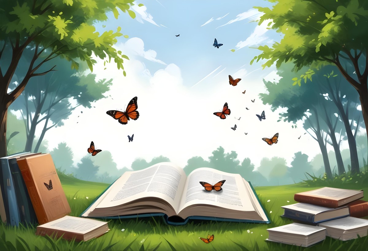 Digital Painting Open Book On The Grass With Books Around Trees And Butterfly In The Background Bold And Slim Lines Brush Strokes 19 A8a4