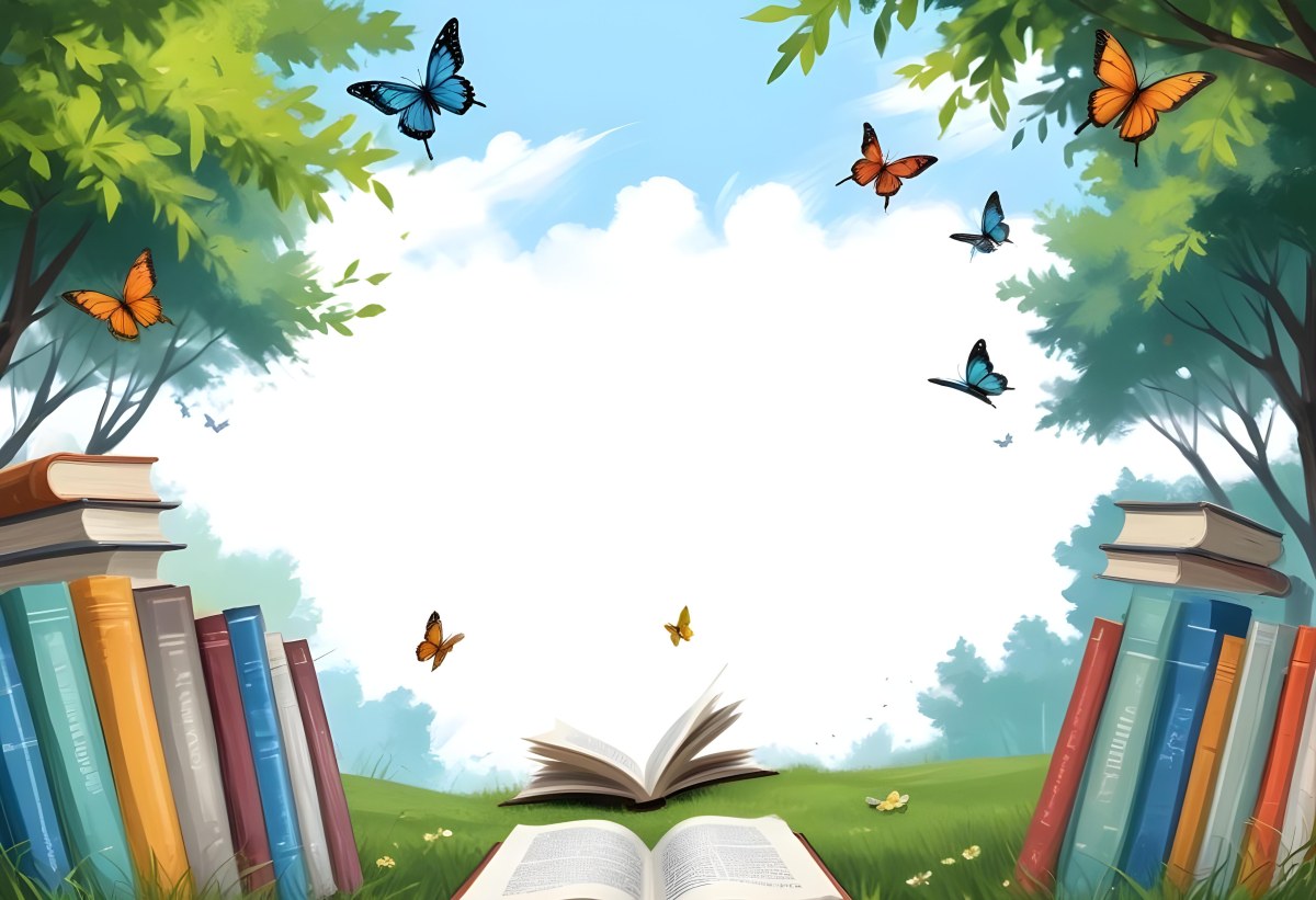 Digital Painting Open Book On The Grass With Books Around Trees And Butterfly In The Background Bold And Slim Lines Brush Strokes 20 Fc59