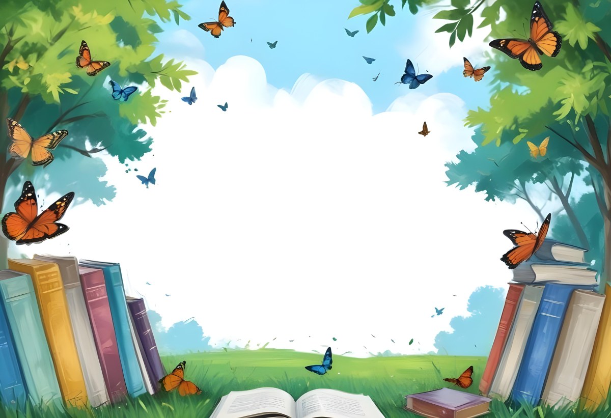 Digital Painting Open Book On The Grass With Books Around Trees And Butterfly In The Background Bold And Slim Lines Brush Strokes 22 34f4