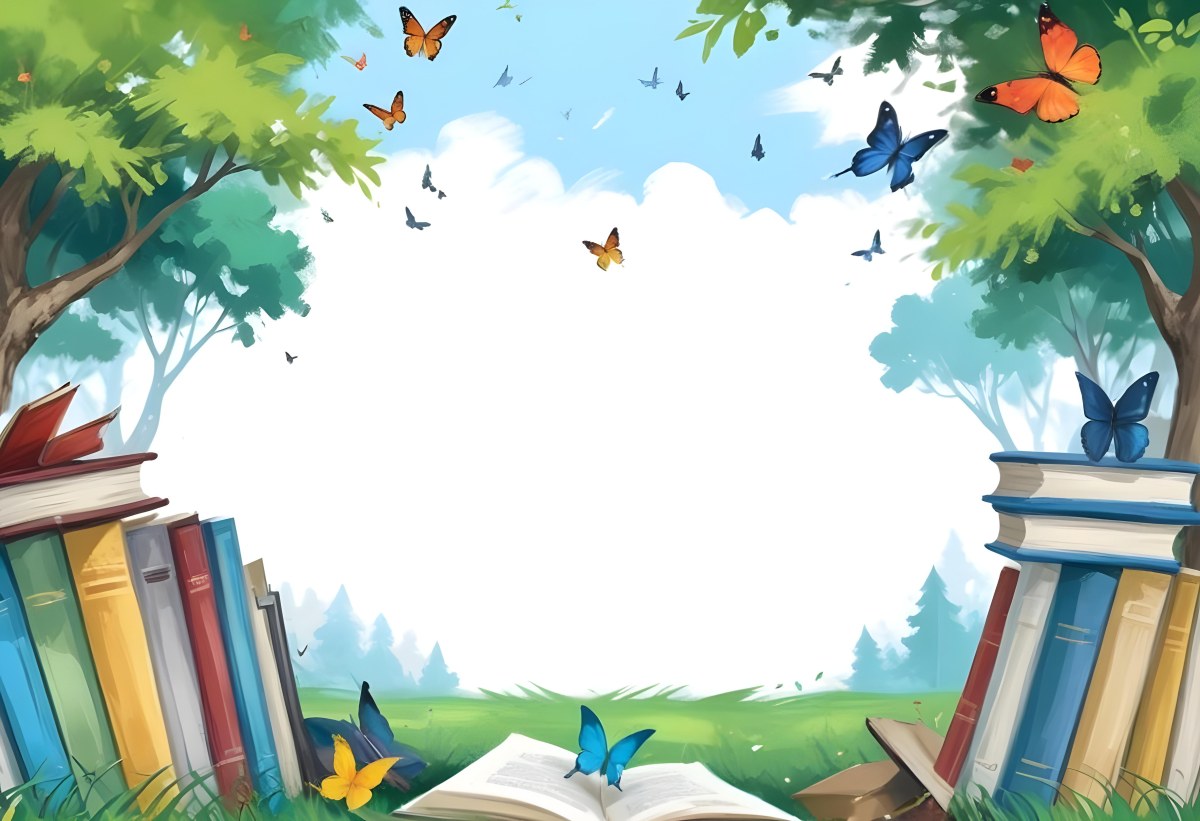 Digital Painting Open Book On The Grass With Books Around Trees And Butterfly In The Background Bold And Slim Lines Brush Strokes 32 A934