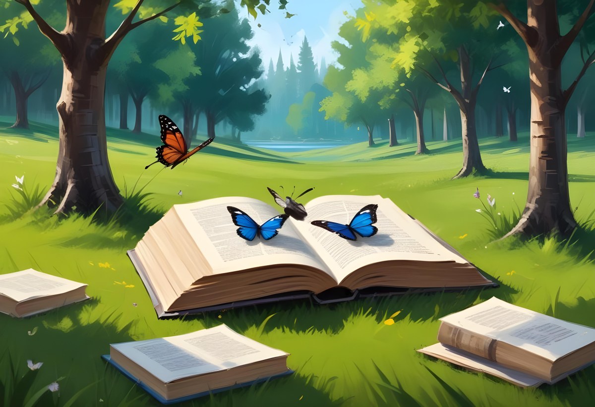 Digital Painting Open Book On The Grass With Books Around Trees And Butterfly In The Background Bold And Slim Lines Brush Strokes 38 729f